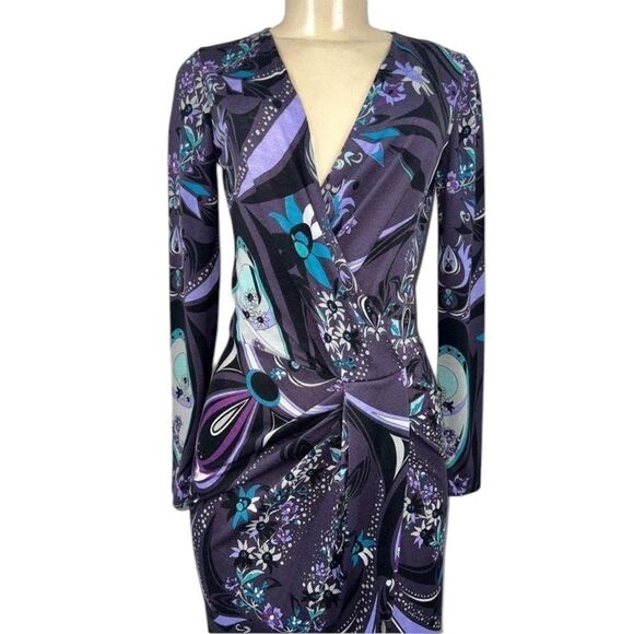 EMILIO PUCCI Purple Floral Print Long Sleeve V-Neck Wrap Mini Dress Size… - Picture 7 of 9